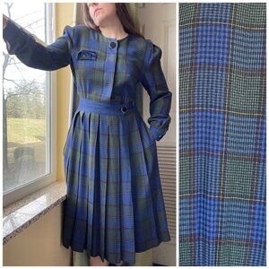 Vintage Joan Sparks Plaid Blue Green Long Sleeve Pleated Skirt Dress | Size M/L